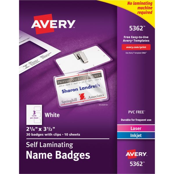 AVE5362 Avery Self-Laminating Laser/Inkjet Printer Badges, 2 1/4 x 3 1/2, White, 30/Box