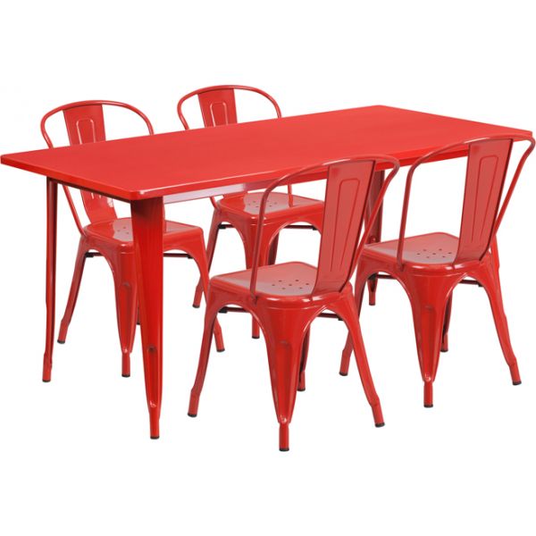 FHFETCT005430REDGG Flash Furniture 31.5'' x 63'' Rectangular Red Metal Indoor-Outdoor Table Set with 4 Stack Chairs
