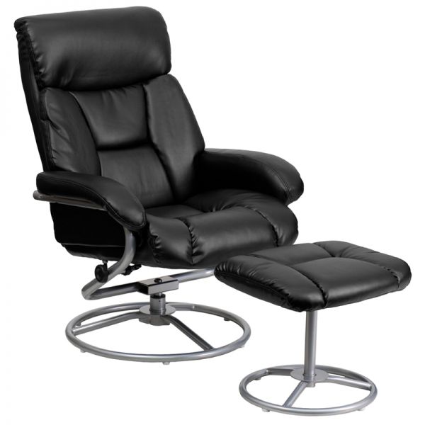 FHFBT70230BKCIRGG Flash Furniture Contemporary Black Leather Recliner and Ottoman with Metal Base