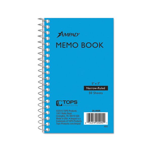 TOP25095 Ampad Wirebound Pocket Memo Book, Narrow, 5 x 3, White, 50 Sheets