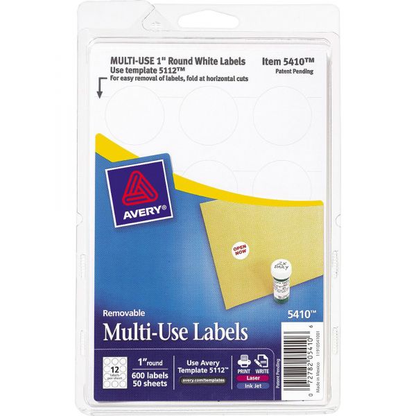 AVE05410 Avery Removable Multi-Use Labels, 1" dia, White, 600/Pack