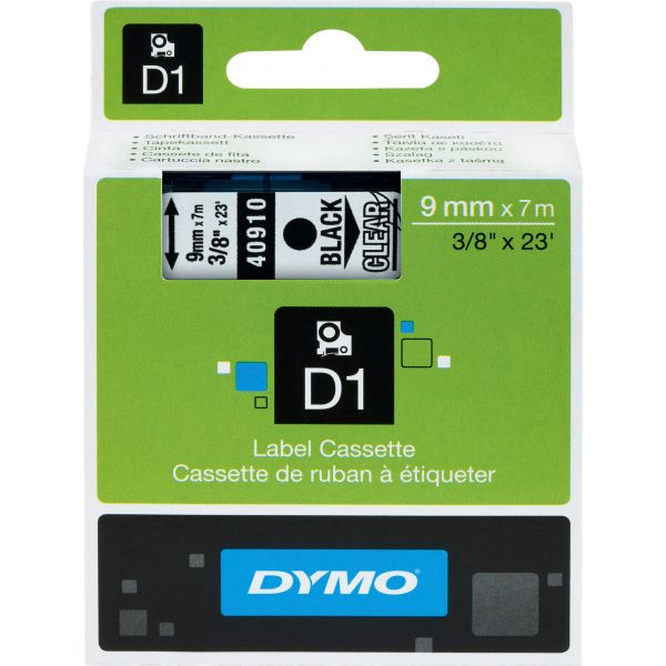 DYM40910 DYMO D1 High-Performance Polyester Removable Label Tape, 3/8" x 23 ft, Black on Clear