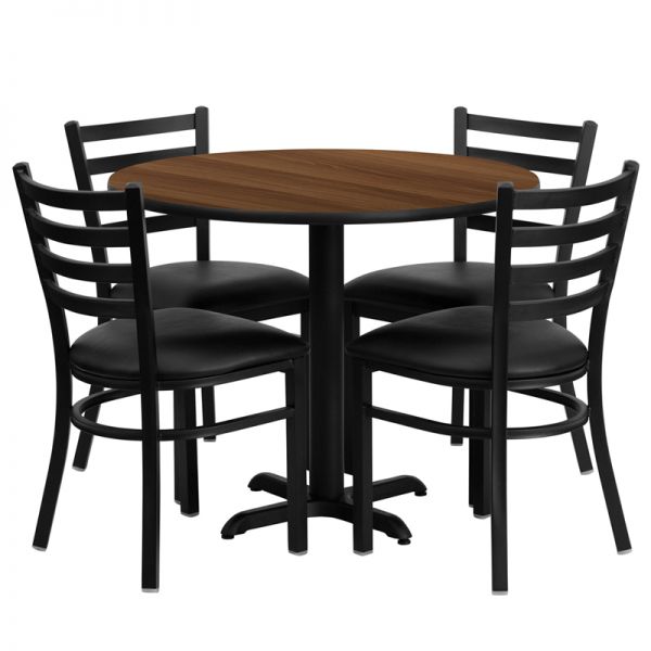 FHFHDBF1032GG Flash Furniture 36'' Round Walnut Laminate Table Set with 4 Ladder Back Metal Chairs - Black Vinyl Seat