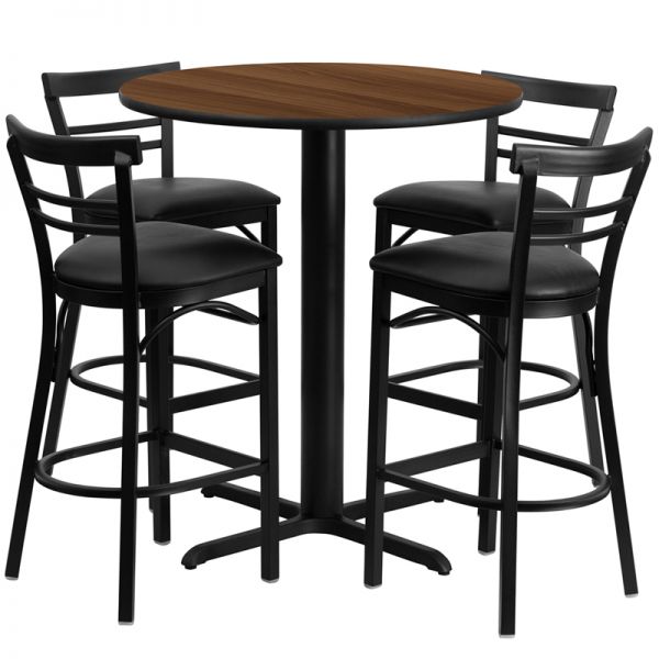 FHFHDBF1036GG Flash Furniture 24'' Round Walnut Laminate Table Set with 4 Ladder Back Metal Barstools - Black Vinyl Seat
