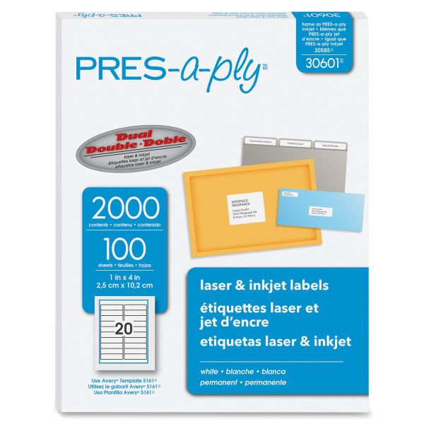 AVE30601 PRES-a-ply Laser Address Labels, 1 x 4, White, 2000/Box