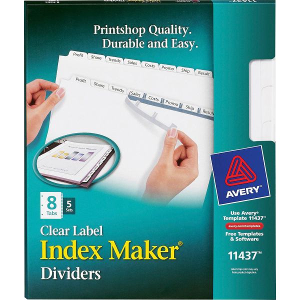 AVE11437 Avery Print & Apply Clear Label Dividers, 8-Tab, White Tab, Letter, 5 Sets