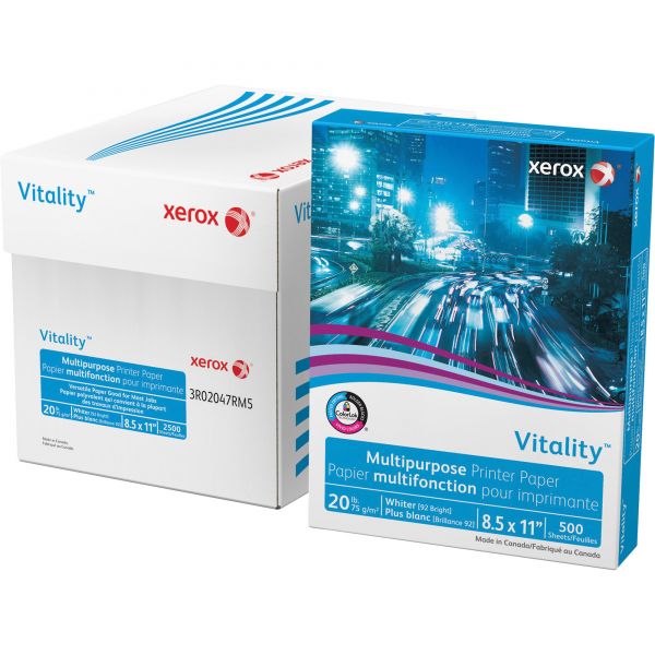 XER3R02047 Xerox Vitality Multipurpose Printer Paper, 92 Brightness, 20 lb, 8 1/2 x 11, White, 5000 Sheets/Carton