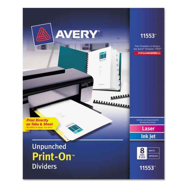 AVE11553 Avery Customizable Print-On Dividers, 8-Tab, White Tab, Letter, 5 Sets