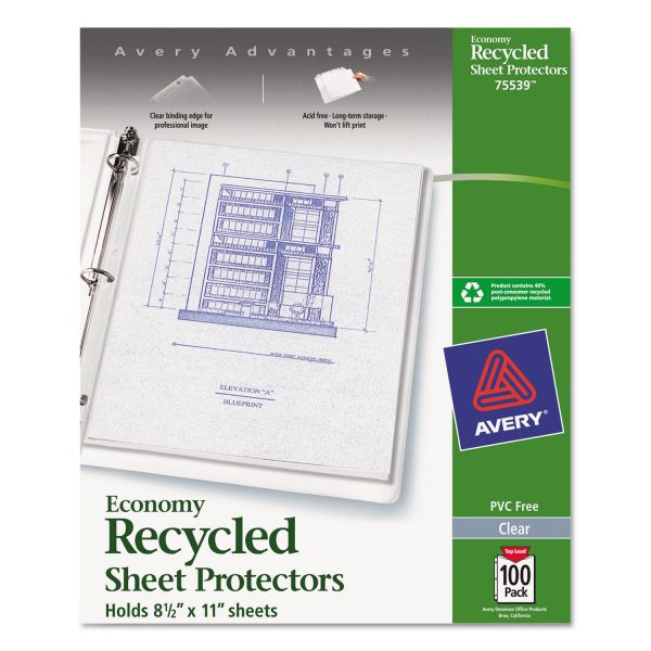 AVE75539 Avery Top-Load Recycled Polypropylene Sheet Protector, Letter, Economy, Clear, 100/Box