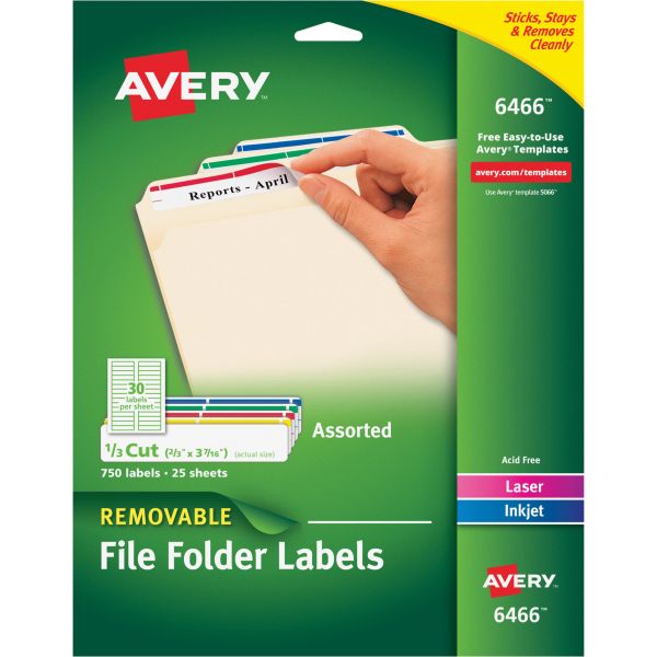 AVE6466 Avery Removable 1/3-Cut File Folder Labels, Inkjet/Laser, .66 x 3.44, WE/ASST, 750/PK