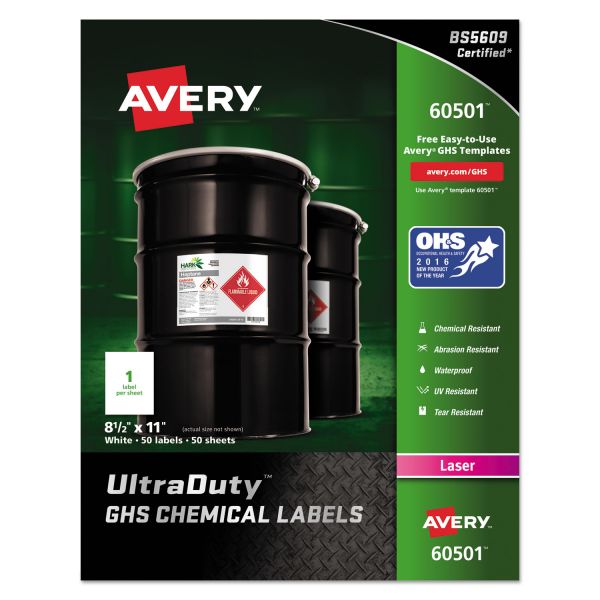 AVE60501 Avery Full-Sheet GHS Chemical Waterproof & UV Resistent Labels, Laser, Letter, 50/Box