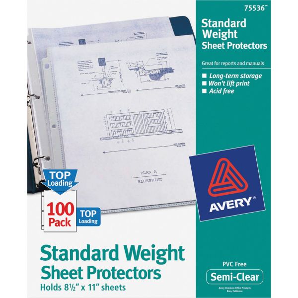 AVE75536 Avery Top-Load Sheet Protector, Letter, Standard, Semi-Clear, 100/Box