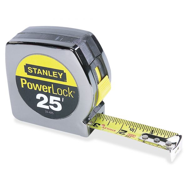 BOS33425 Stanley Powerlock II Power Return Rule, 1" x 25ft, Chrome/Yellow