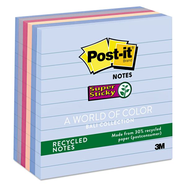 MMM6756SSNRP Post-it Notes Super Sticky Recycled Notes in Bali Colors, Lined, 4 x 4, 90-Sheet, 6/Pack