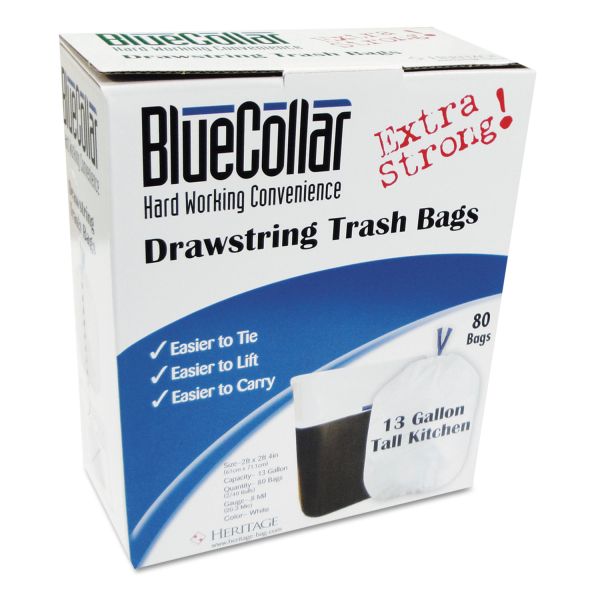 HERN4828EWRC1 BlueCollar Drawstring Trash Bags, 13gal, 0.8mil, 24 x 28, White, 80/Box