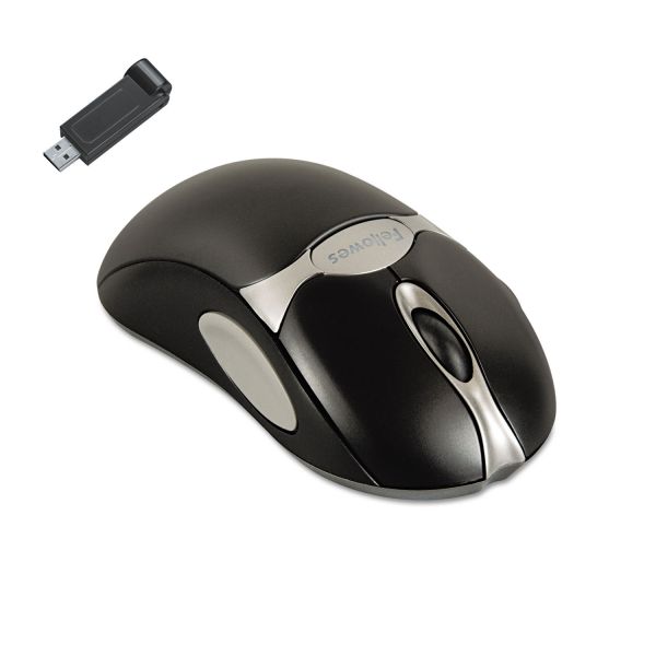 FEL98912 Fellowes Optical Cordless Mouse, Antimicrobial, Five-Button/Scroll, Black/Silver