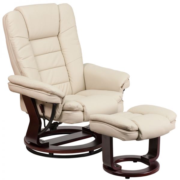 FHFBT7818BGEGG Flash Furniture Contemporary Beige Leather Recliner and Ottoman with Swiveling Mahogany Wood Base