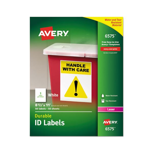 AVE6575 Avery Permanent ID Labels w/TrueBlock Technology, Laser, 8 1/2 x 11, White, 50/Pack