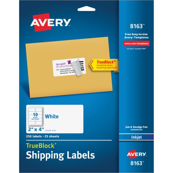 AVE8163 Avery Shipping Labels with TrueBlock Technology, Inkjet, 2 x 4, White, 250/Pack