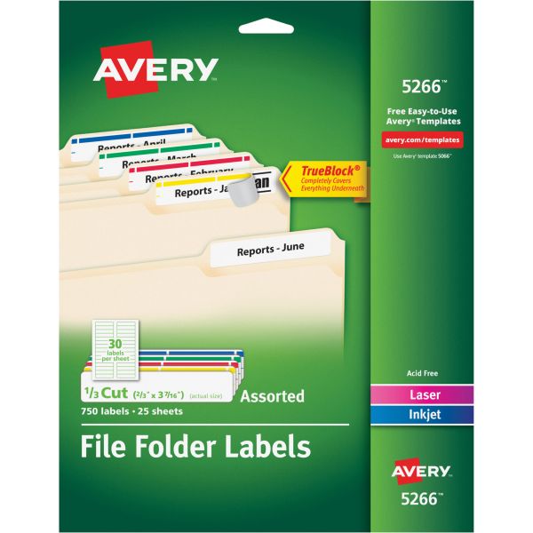 AVE5266 Avery Permanent File Folder Labels, TrueBlock, Inkjet/Laser, Assorted, 750/Pack