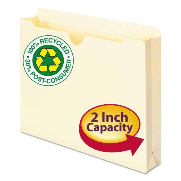 SMD75605 Smead 100% Recycled Top Tab File Jackets, Letter, 2" Exp, Manila, 50/Box