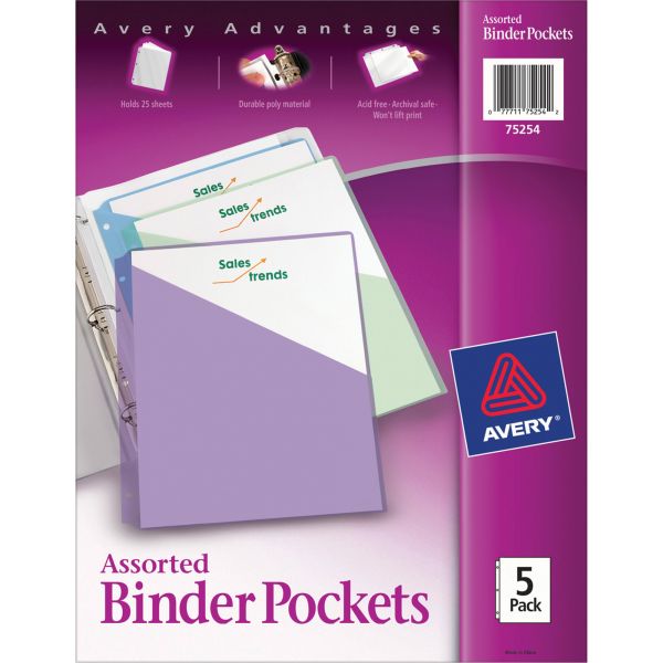 AVE75254 Avery Binder Pockets, 3-Hole Punched, 9 1/4 x 11, Assorted Colors, 5/Pack