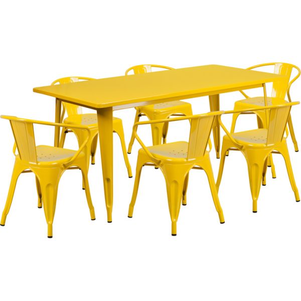 FHFETCT005670YLGG Flash Furniture 31.5'' x 63'' Rectangular Yellow Metal Indoor-Outdoor Table Set with 6 Arm Chairs