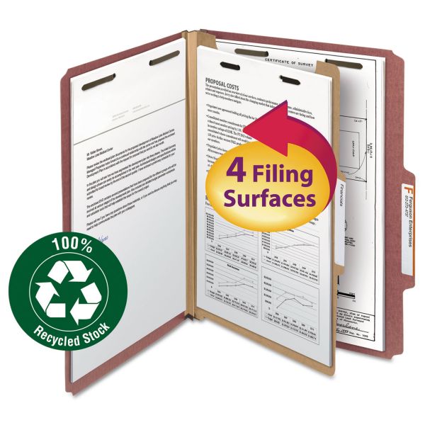 SMD13724 Smead Pressboard Classification Folder, 1 Divider, 2" Exp., 2/5 Cut, Ltr, Red, 10/Box