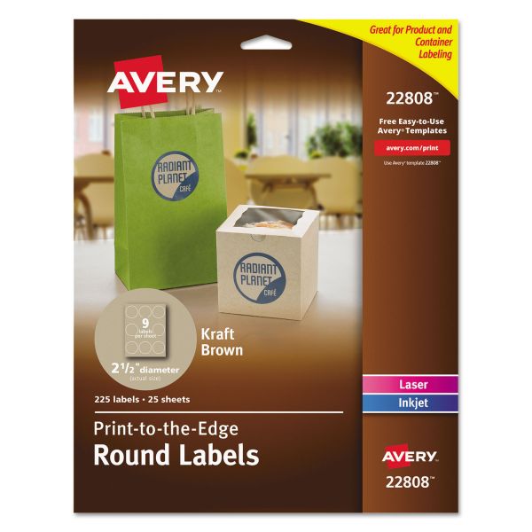 AVE22808 Avery Round Print-to-the-Edge Labels, 2 1/2" dia, Kraft Brown, 225/PK