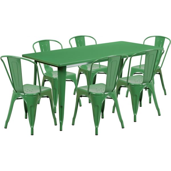 FHFETCT005630GNGG Flash Furniture 31.5'' x 63'' Rectangular Green Metal Indoor-Outdoor Table Set with 6 Stack Chairs