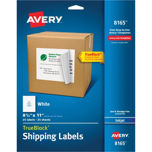 AVE8165 Avery Full-Sheet Labels with TrueBlock Technology, Inkjet, 8 1/2 x 11, White, 25/Pack