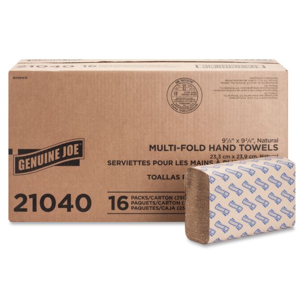 GJO21040 Genuine Joe Multifold Paper Towels, 9.25" x 9.40", Natural, 250 Sheets/Pack, 16 Packs/Carton