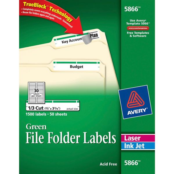 AVE5866 Avery Permanent File Folder Labels, TrueBlock, Inkjet/Laser, Green Border, 1500/Box