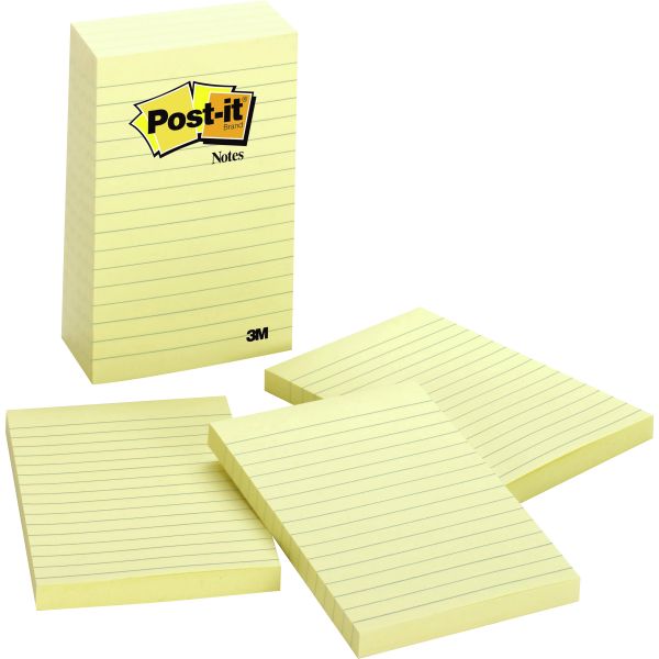 MMM6605PK Post-it Notes Original Pads in Canary Yellow, Lined, 4 x 6, 100-Sheet, 5/Pack