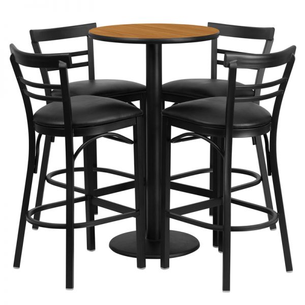 FHFRSRB1035GG Flash Furniture 24'' Round Natural Laminate Table Set with 4 Ladder Back Metal Barstools - Black Vinyl Seat
