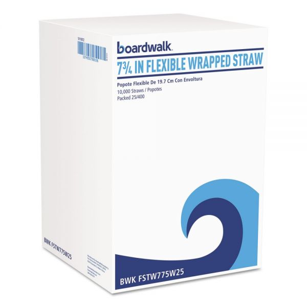 BWKFSTW775W25 Boardwalk Flexible Wrapped Straws, 7 3/4", White, 400/Pack, 25 Pack/Carton
