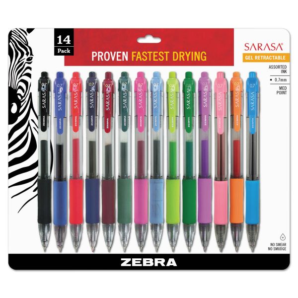 ZEB46824 Zebra Sarasa Retractable Gel Pen, Assorted Ink, Medium, 14/Pack