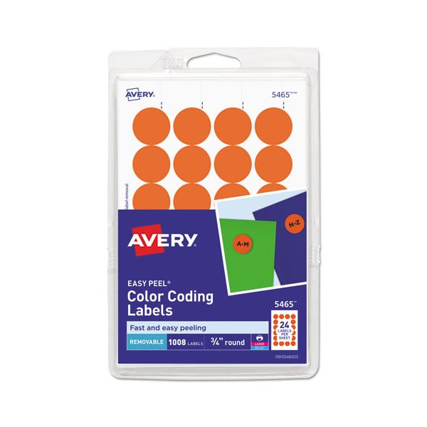AVE05465 Avery Printable Removable Color-Coding Labels, 3/4" dia, Orange, 1008/Pack