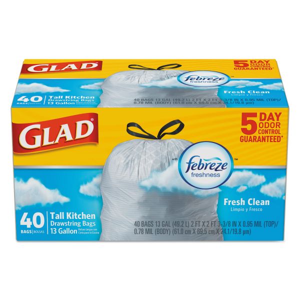 CLO78361 Glad OdorShield Kitchen Drawstring Bags, Fresh Clean, 13 gal, White, 40/BX, 6 BX/CT