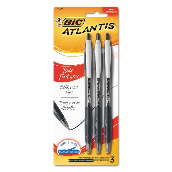 BICVCGBP31BK BIC Atlantis Bold Retractable Ball Pen, Black, 3/Pack