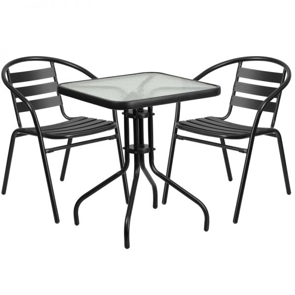 FHFTLH0731SQ017CBK2GG Flash Furniture 23.5'' Square Glass Metal Table with 2 Black Metal Aluminum Slat Stack Chairs
