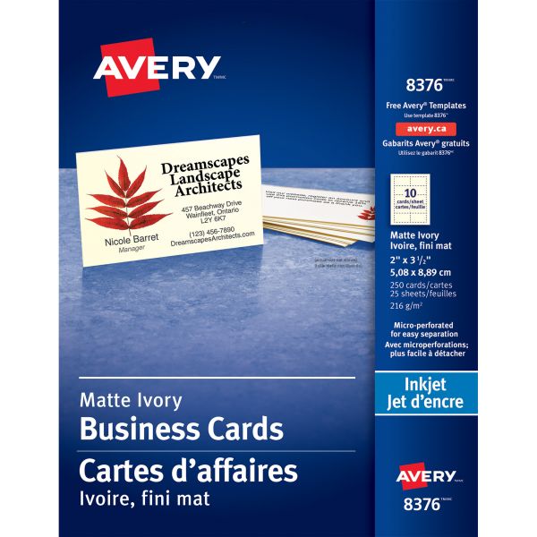 AVE8376 Avery Printable Microperf Business Cards, Inkjet, 2 x 3 1/2, Ivory, Matte, 250/Pack