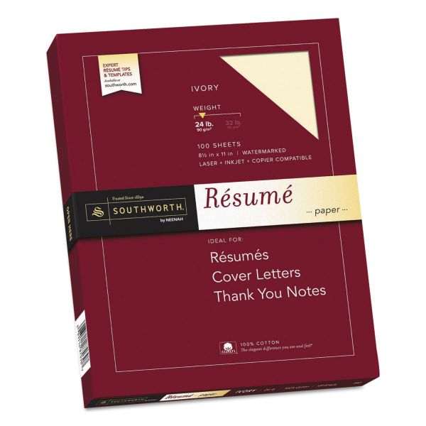 SOUR14ICF Southworth 100% Cotton Resume Paper, Ivory, 24lb, 8 1/2 x 11, Wove, 100 Sheets