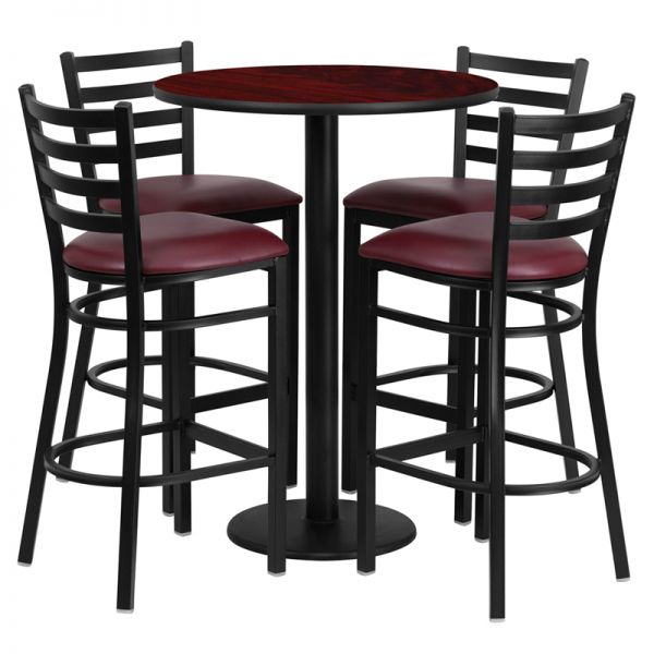 FHFRSRB1026GG Flash Furniture 30'' Round Mahogany Laminate Table Set with 4 Ladder Back Metal Barstools - Burgundy Vinyl Seat