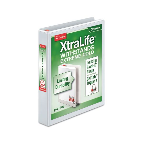 CRD26300 Cardinal XtraLife ClearVue Non-Stick Locking 3-Ring View Binder, 1" Capacity, Slant-D Ring, White