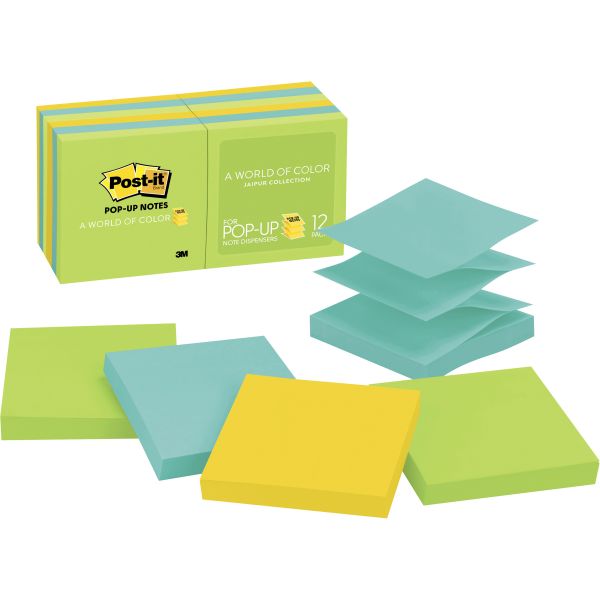 MMMR33012AU Post-it Pop-up Notes Original Pop-up Refill, 3 x 3, Assorted Jaipur Colors, 100-Sheet, 12/Pack