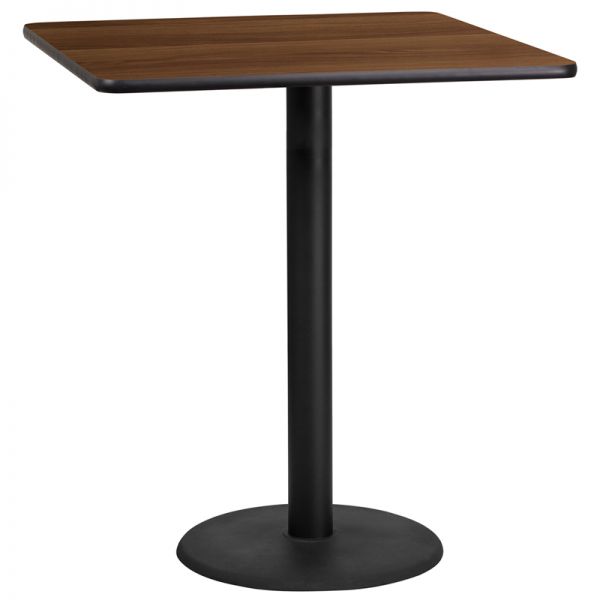 FHFXUWALTB3636TR24BGG Flash Furniture 36'' Square Walnut Laminate Table Top with 24'' Round Bar Height Table Base