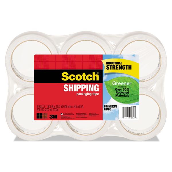 MMM3750G6 Scotch Greener Commercial Grade Packaging Tape, 1.88" x 49.2 yd, 3" Core, 6/Pack, Clear