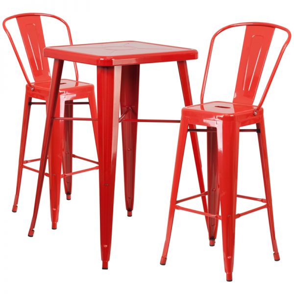 FHFCH31330B230GBREDGG Flash Furniture 23.75'' Square Red Metal Indoor-Outdoor Bar Table Set with 2 Barstools with Backs