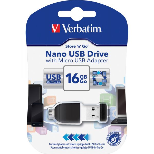 SYNX3809507 Verbatim 16GB Store 'n' Go Nano USB Flash Drive with Micro USB Adapter